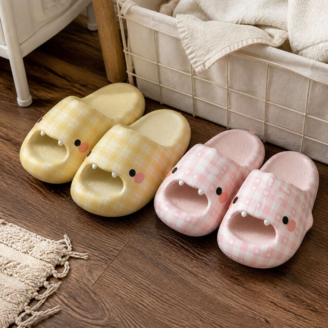 Gingham Shark Bathroom Slippers