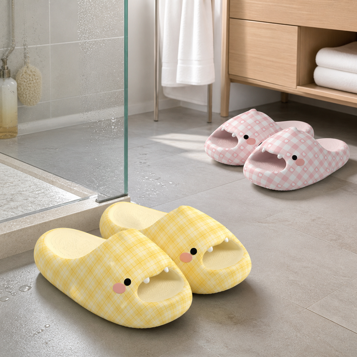 Gingham Shark Bathroom Slippers