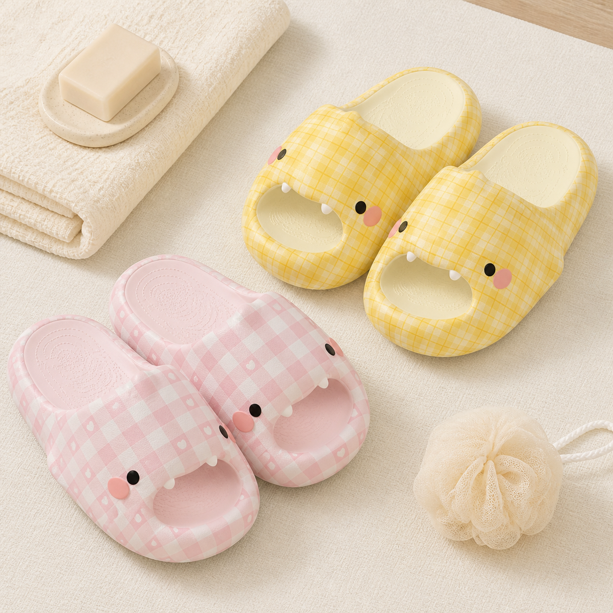 Gingham Shark Bathroom Slippers
