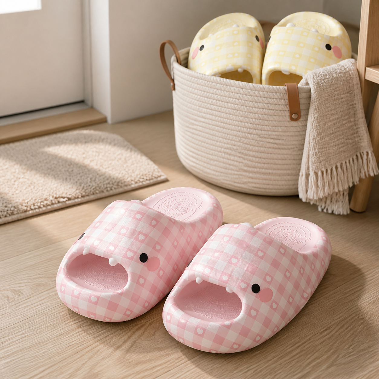 Gingham Shark Bathroom Slippers
