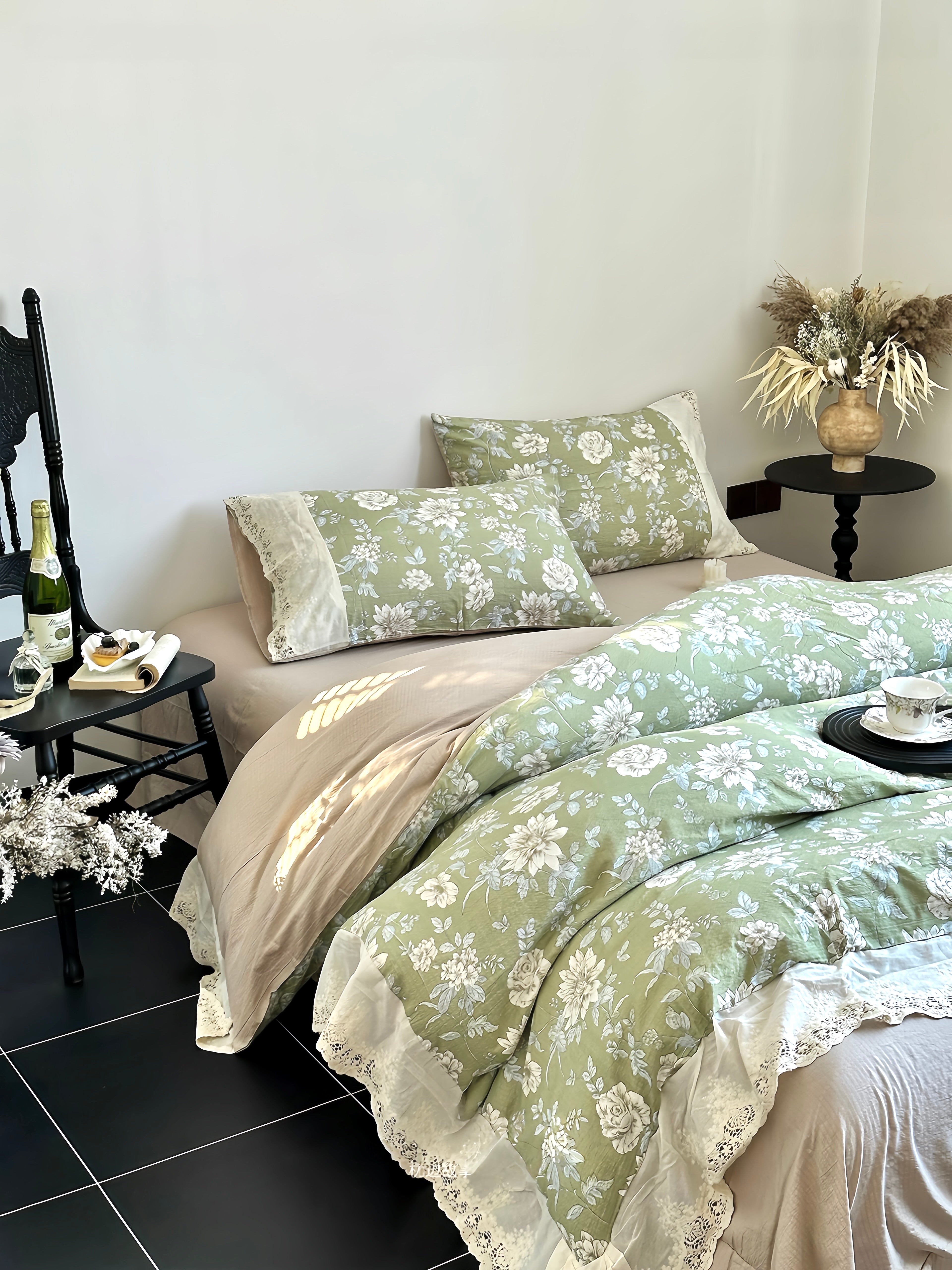 Ashen Floral Lace Bedding Set