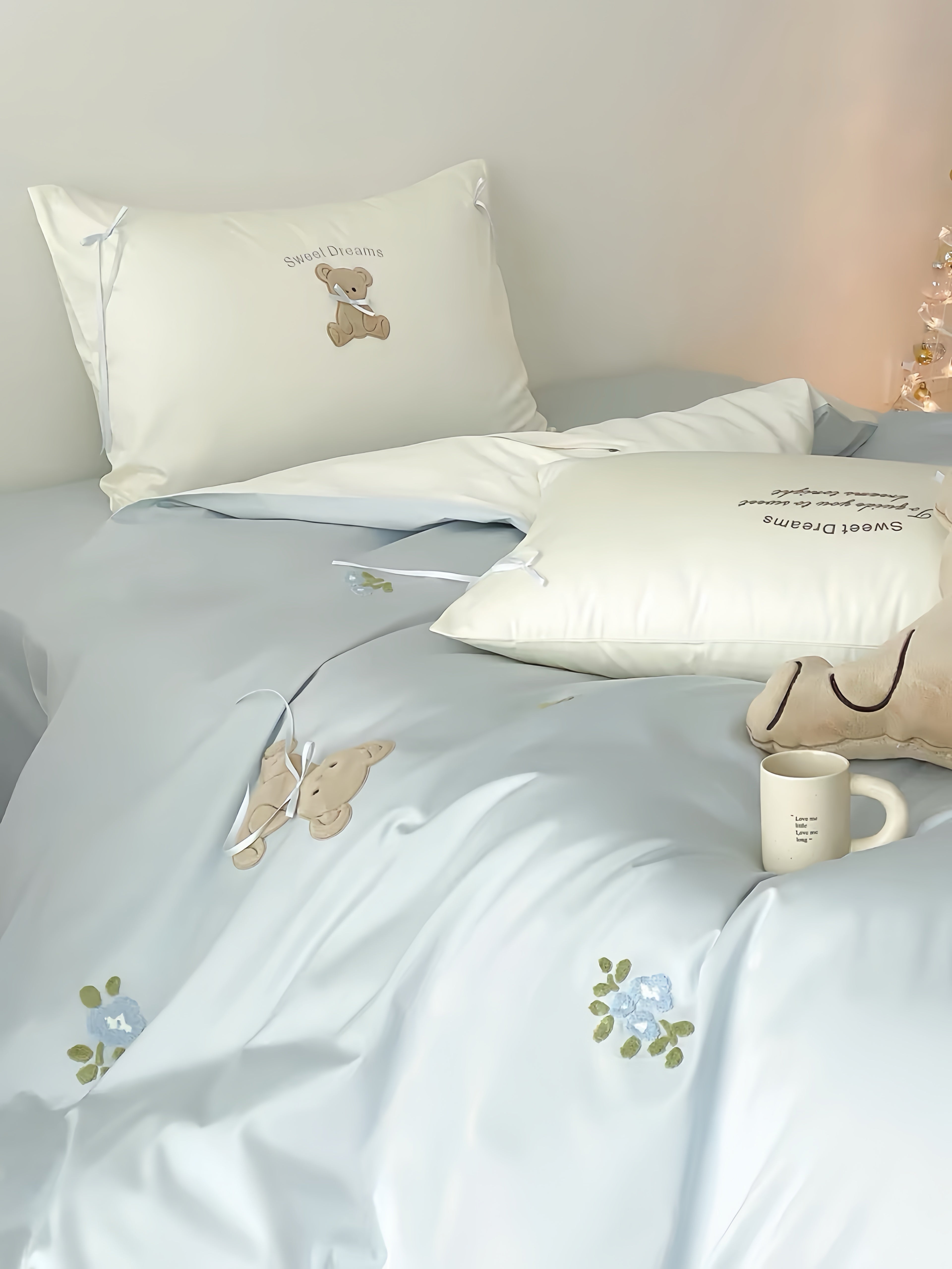 100S Powder Blue Teddy Bedding Set