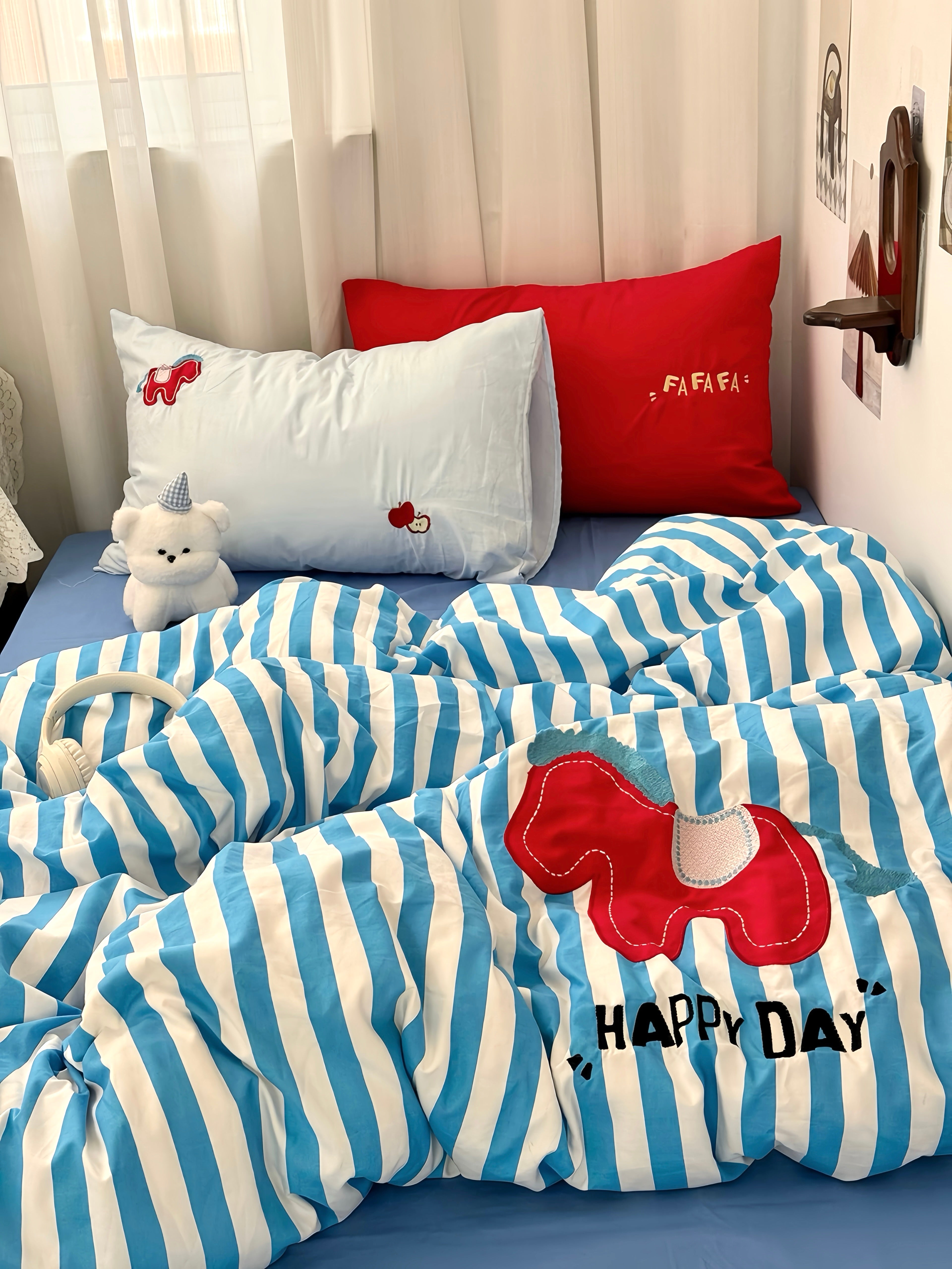 Azure Pony Stripe Bedding Set
