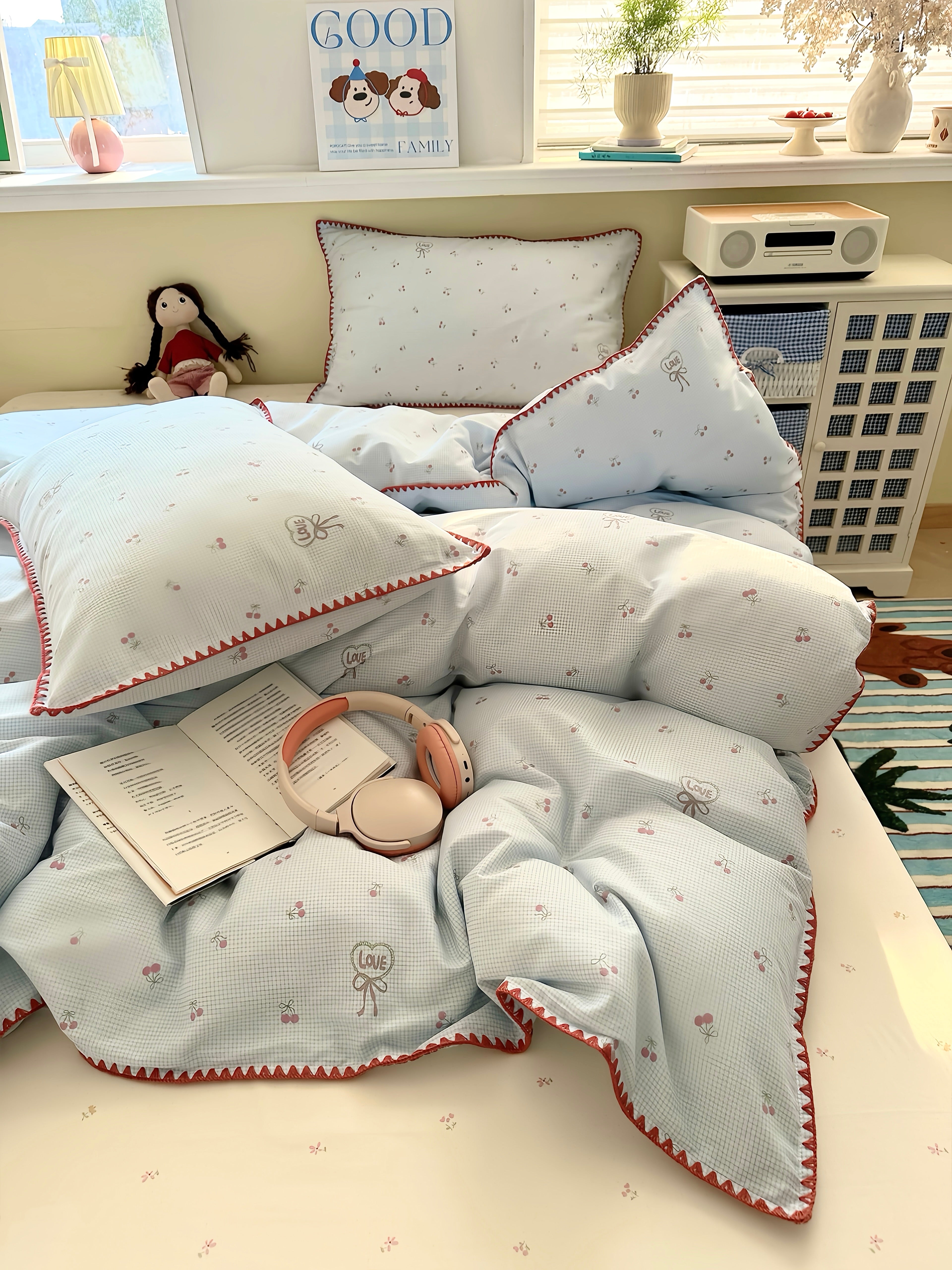 Cherry Ribbon Blue Bedding Set