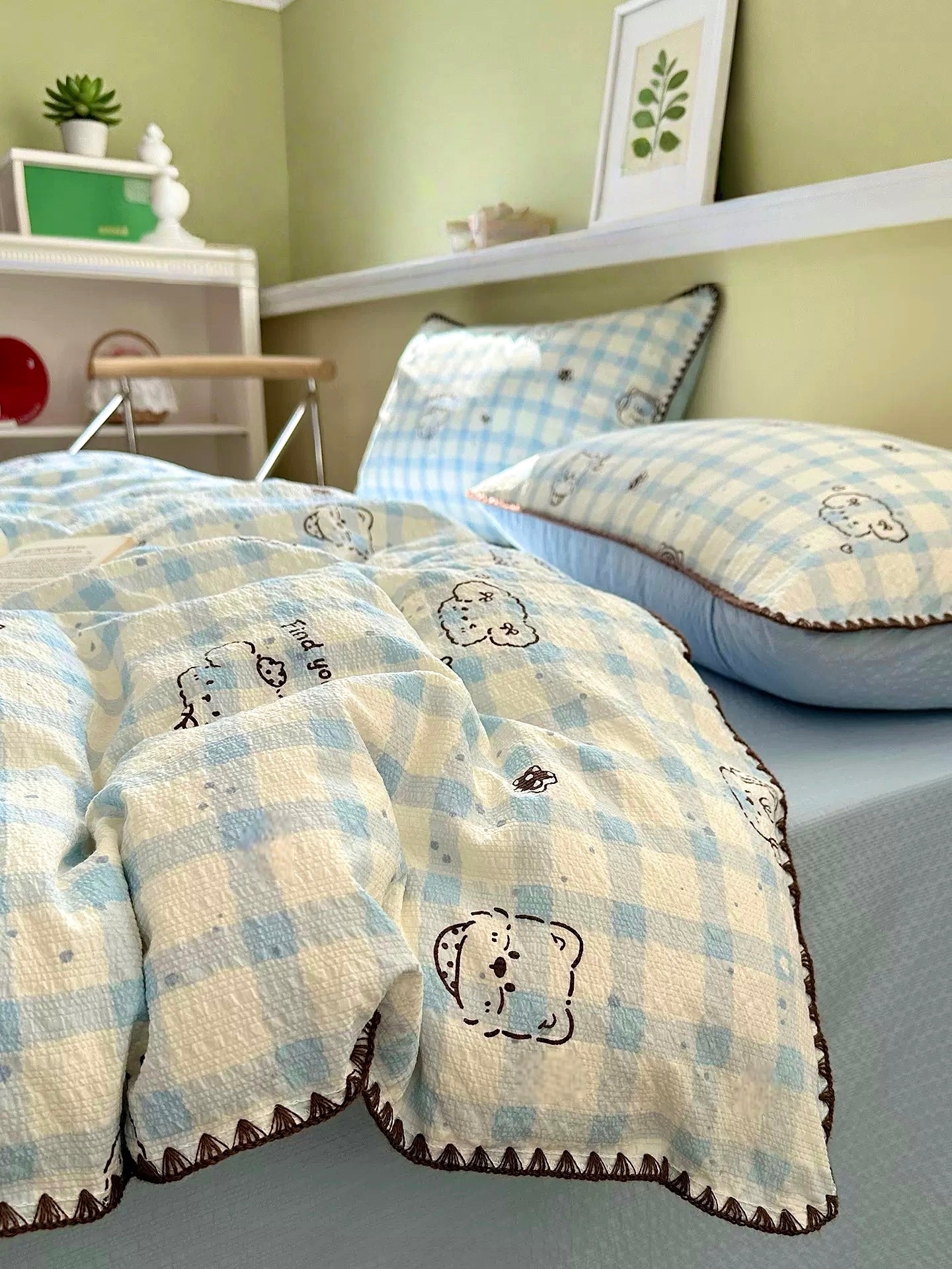 Powder Gingham Bear Bedding Set