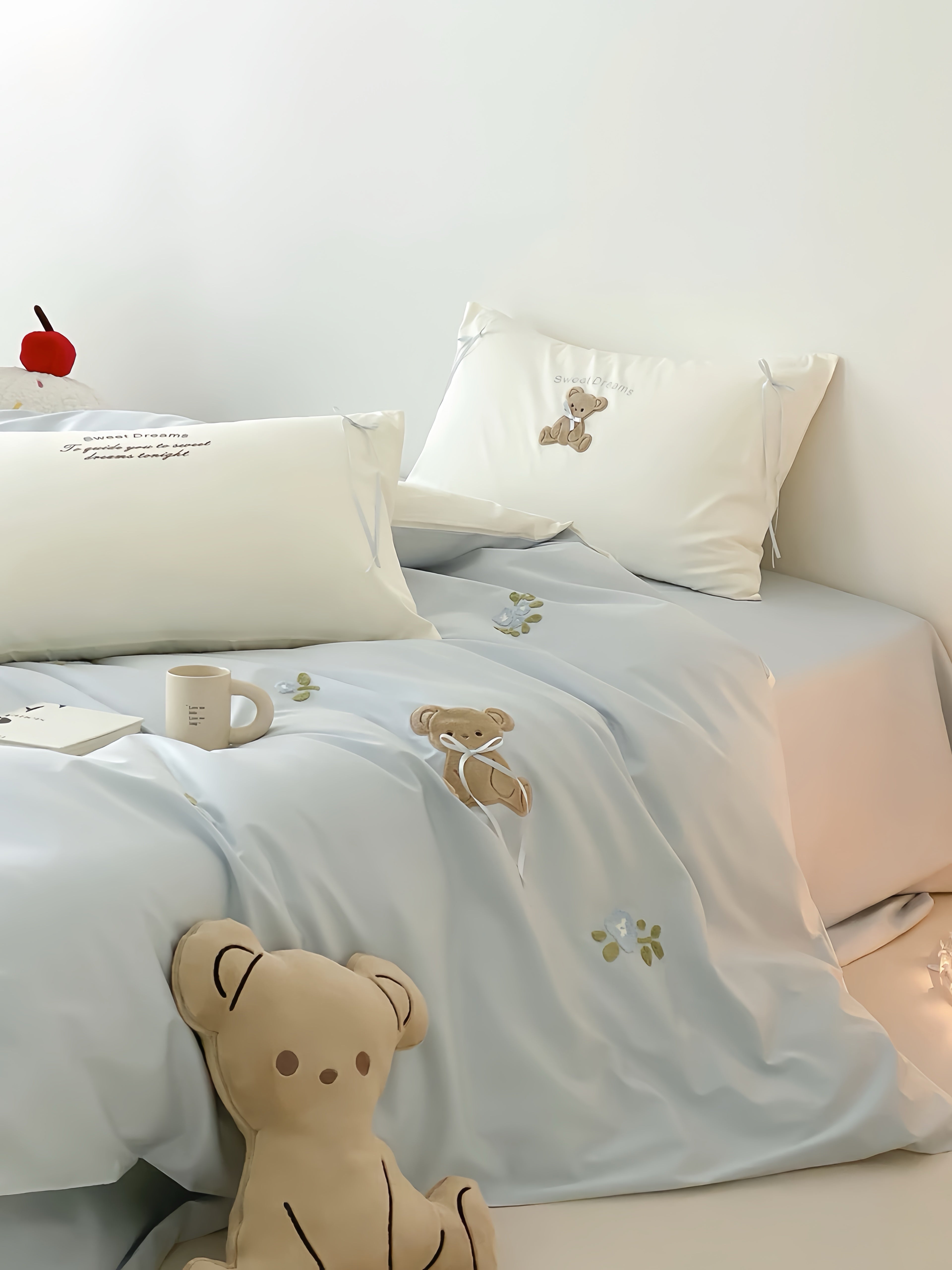 100S Powder Blue Teddy Bedding Set