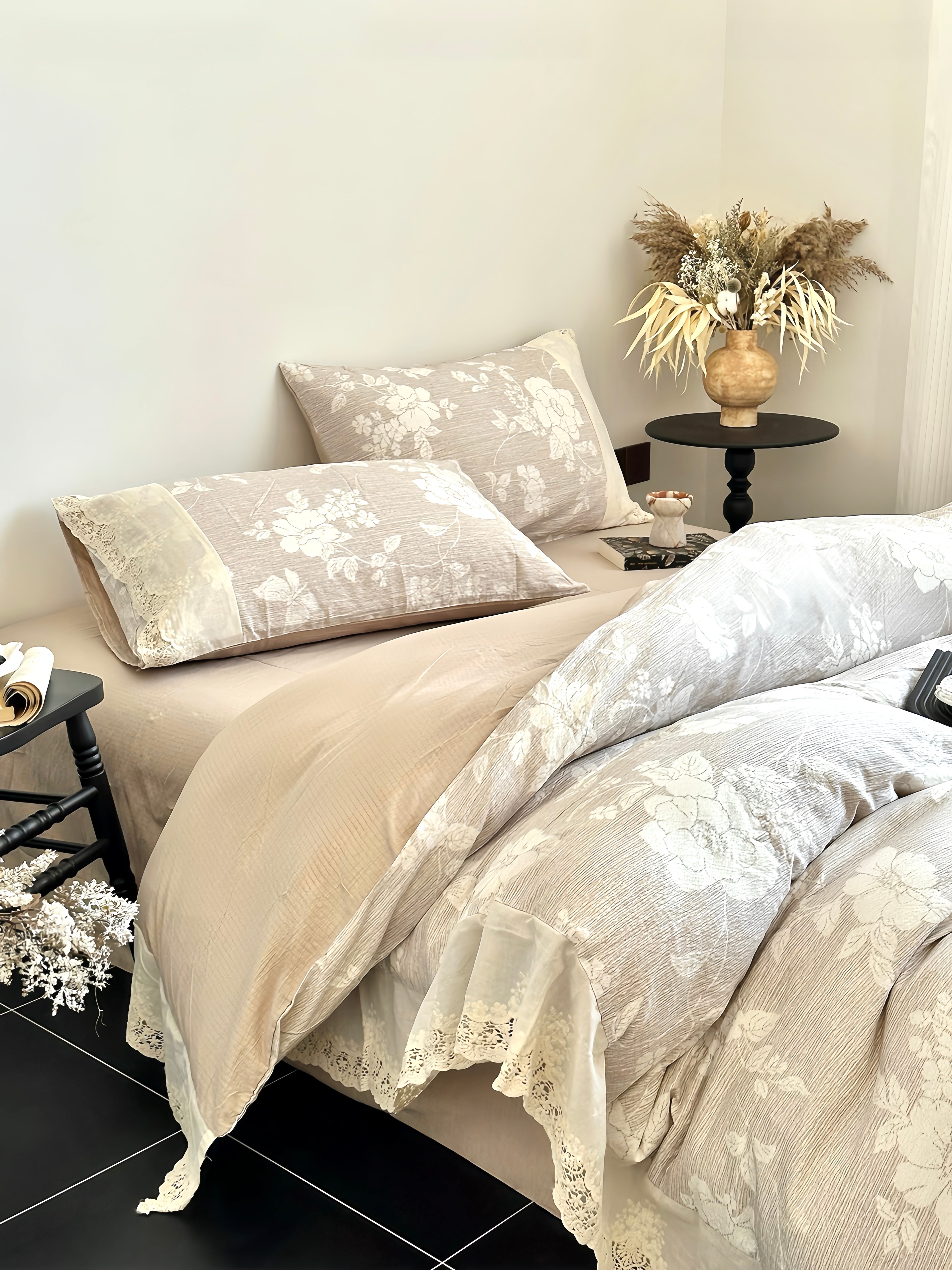 Ashen Floral Lace Bedding Set