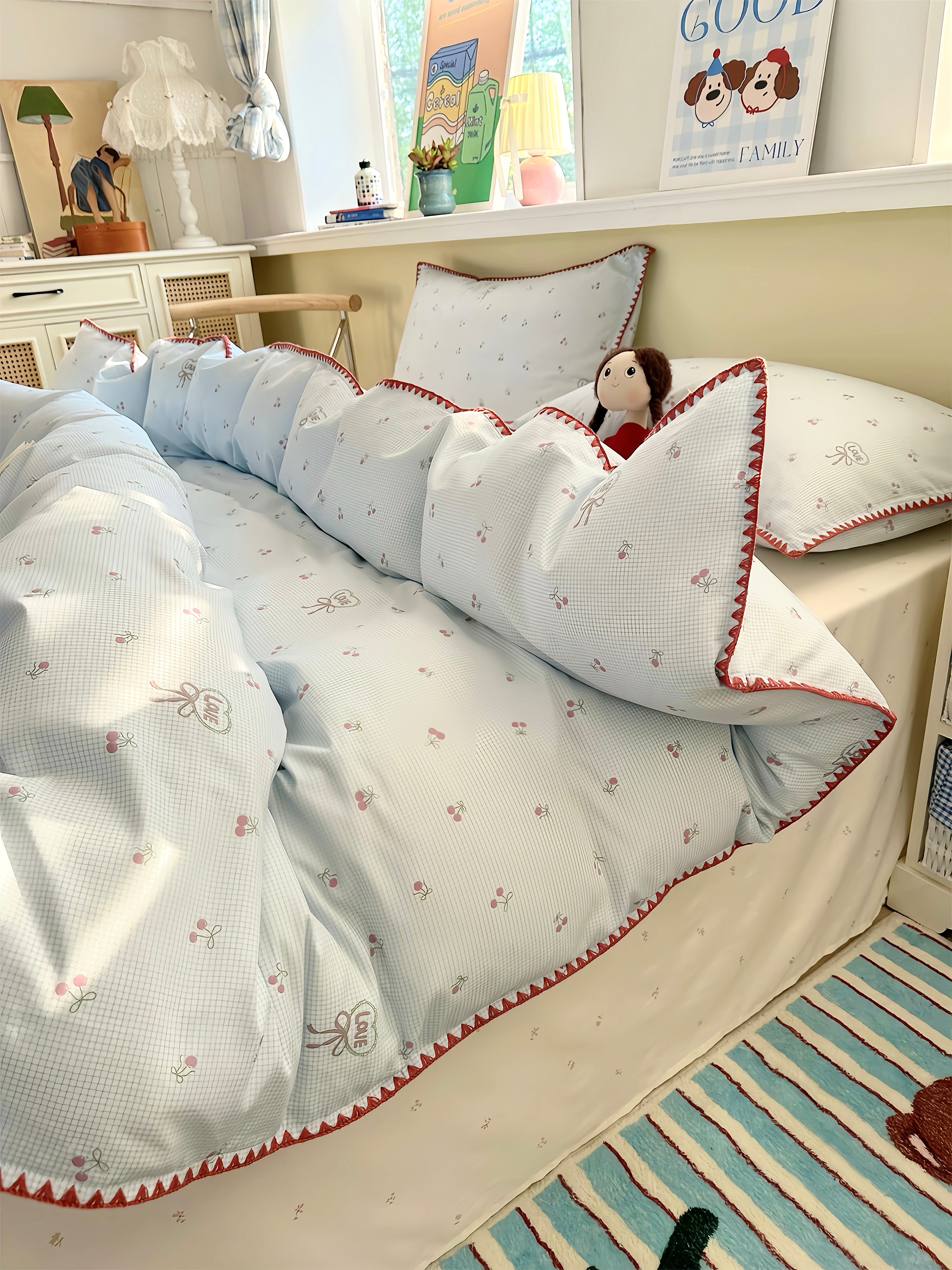 Cherry Ribbon Blue Bedding Set