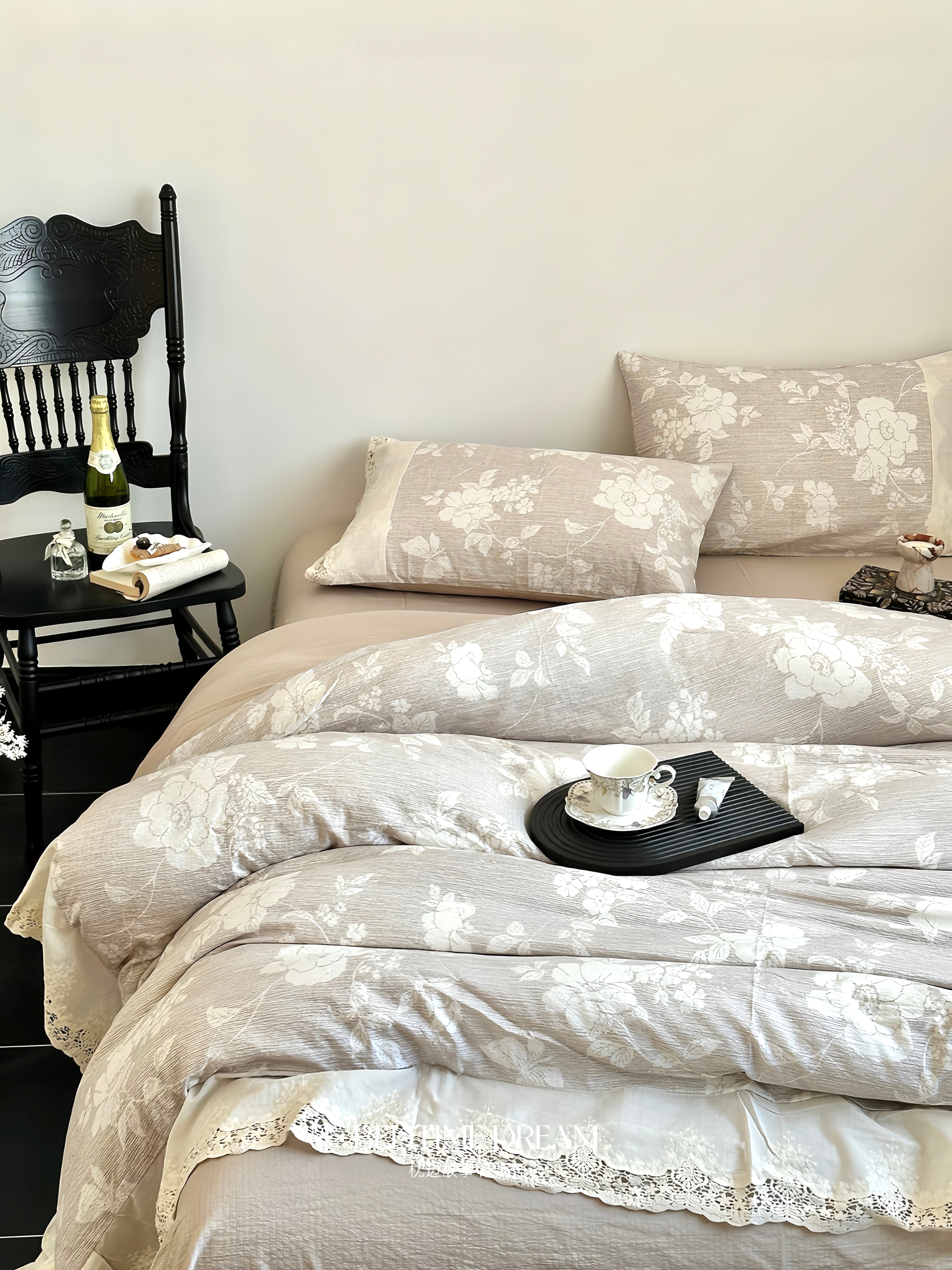 Ashen Floral Lace Bedding Set