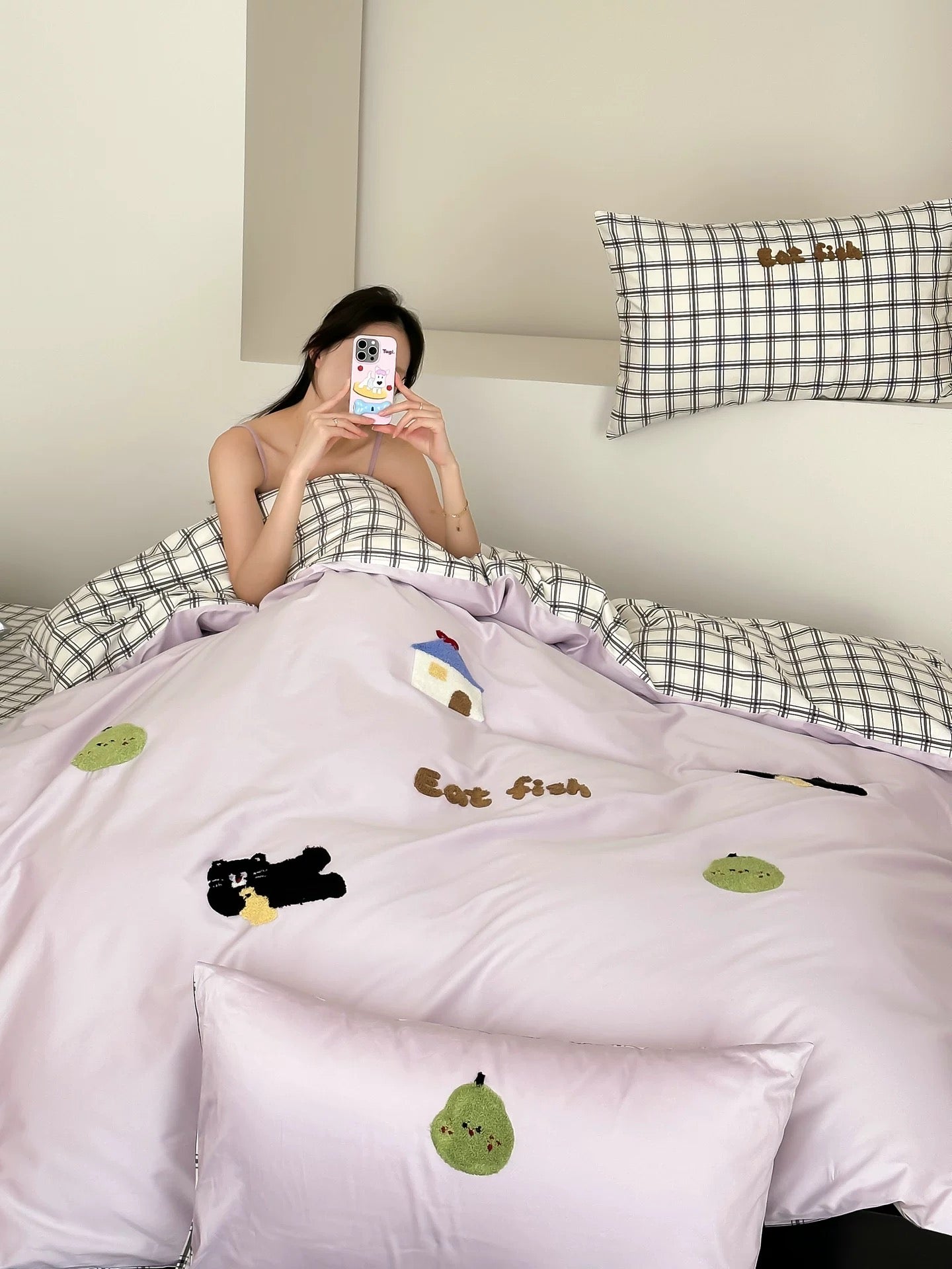 100S Violet Grid Story Bedding Set