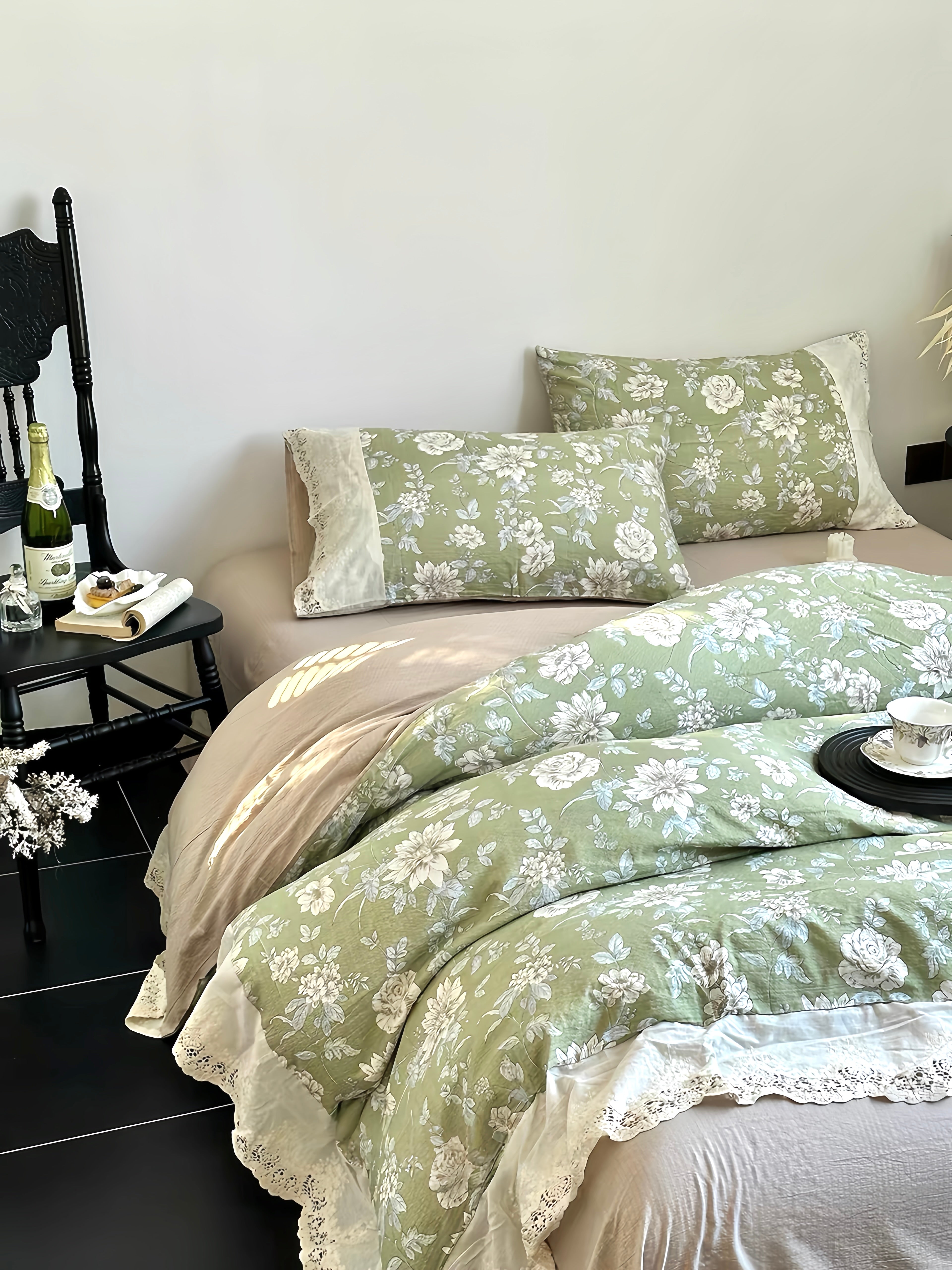 Ashen Floral Lace Bedding Set