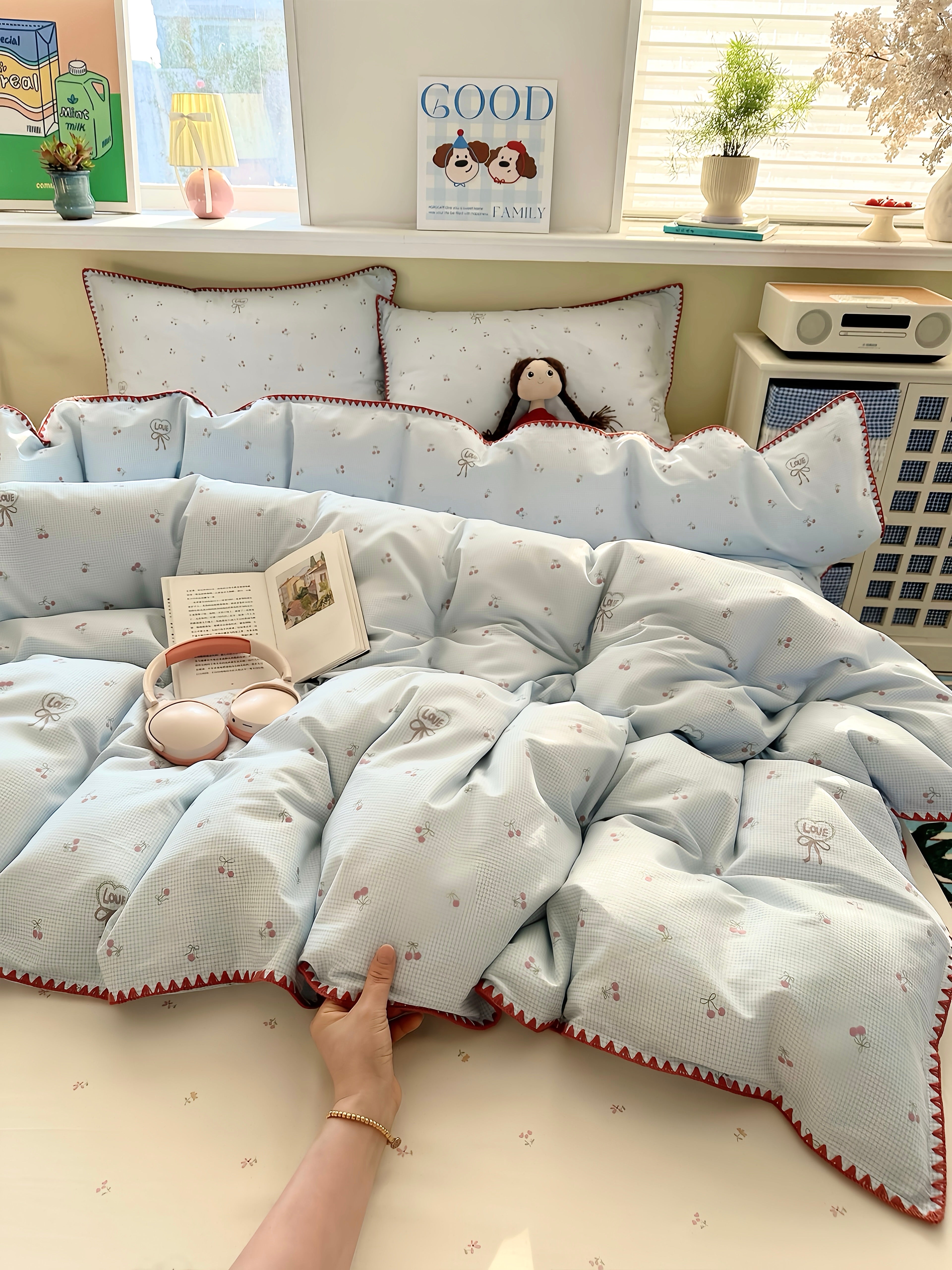 Cherry Ribbon Blue Bedding Set