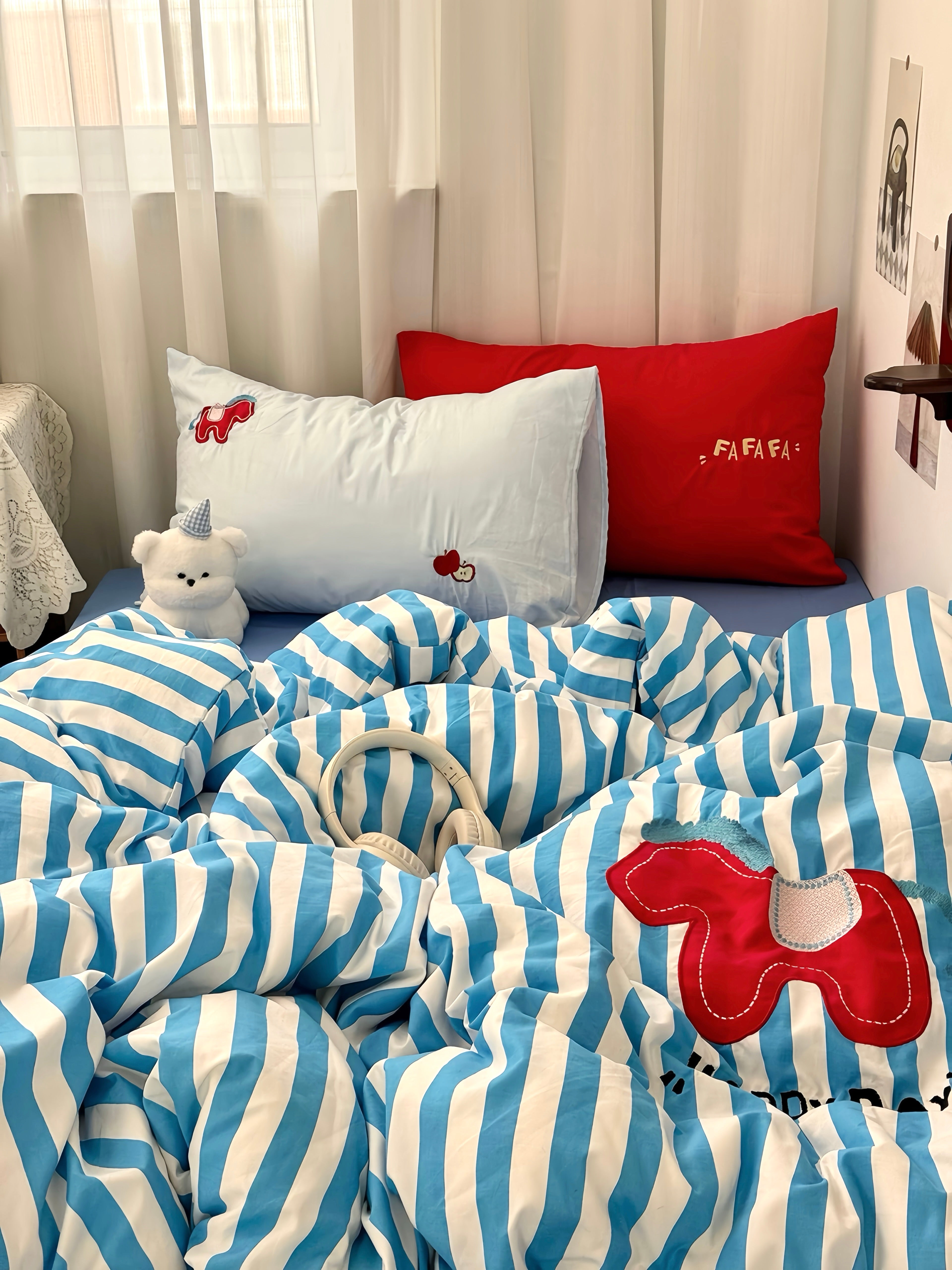 Azure Pony Stripe Bedding Set