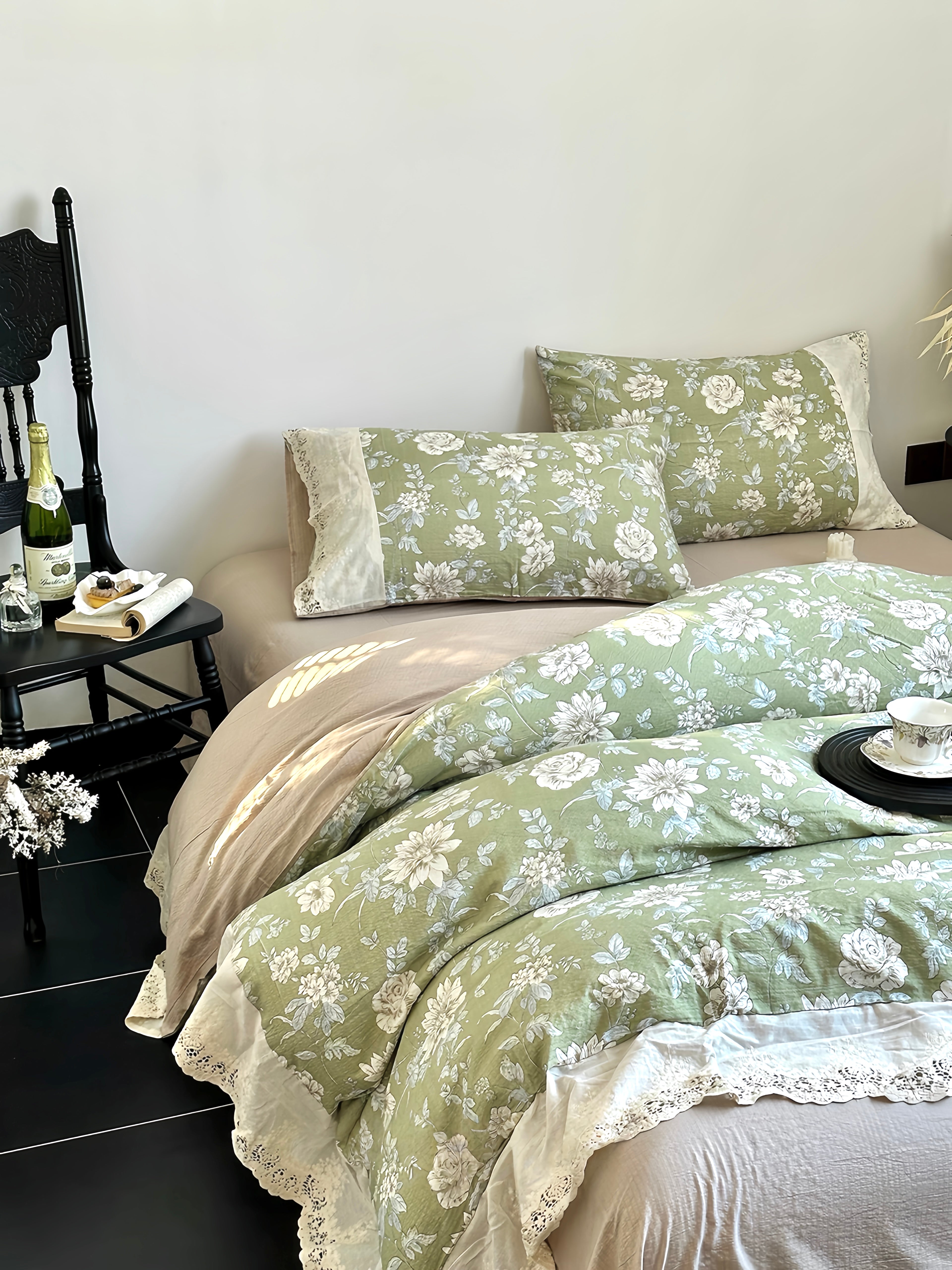 Ashen Floral Lace Bedding Set